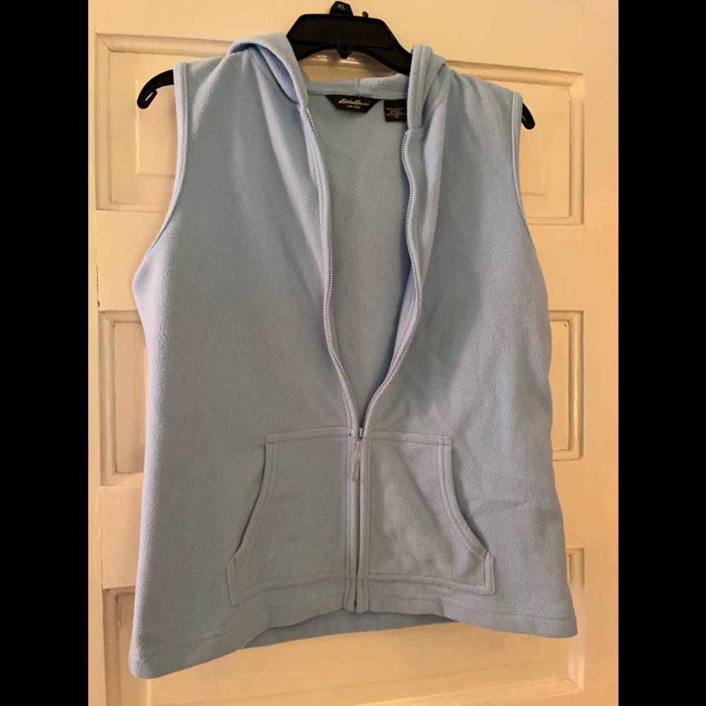 Eddie Bauer Fleece Light Blue Hooded Vest. Size medium.
